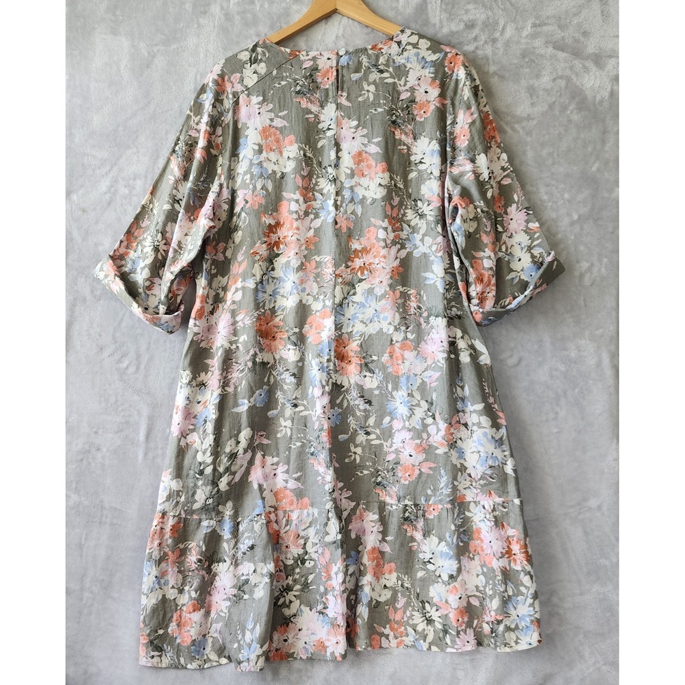 J. Jill Love Linen Dress Womens Size 2X Sage Green Floral Tiered Hem Pockets